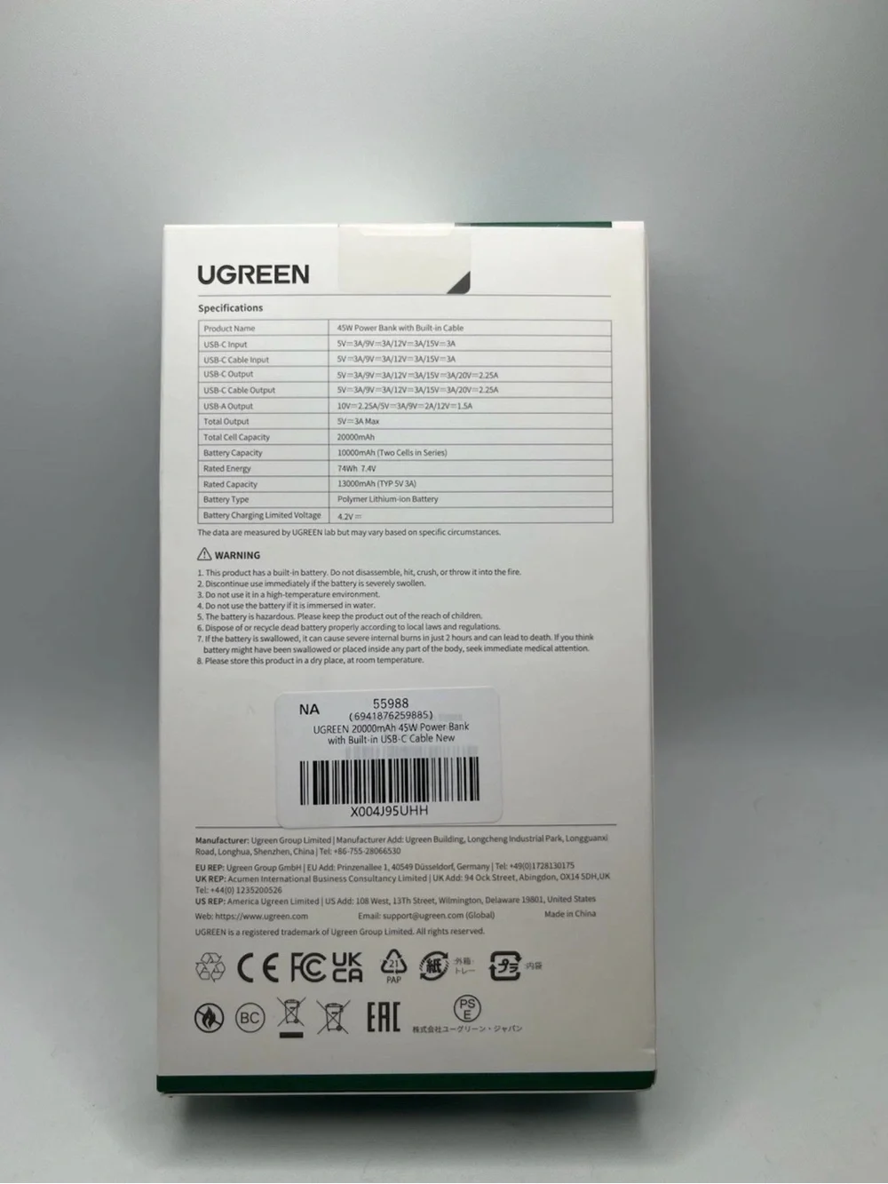 UGREEN Nexode Power Bank 20000mAh 45W Builtin Cable Fast Charging Port. Charger